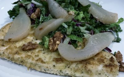 Chicken Cutlets with Bitter Greens, Caramelized Pears, and Shallots