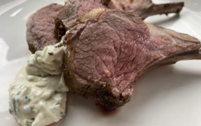 Roasted Rack of Lamb with Basil Honey Goat Cheese Sauce