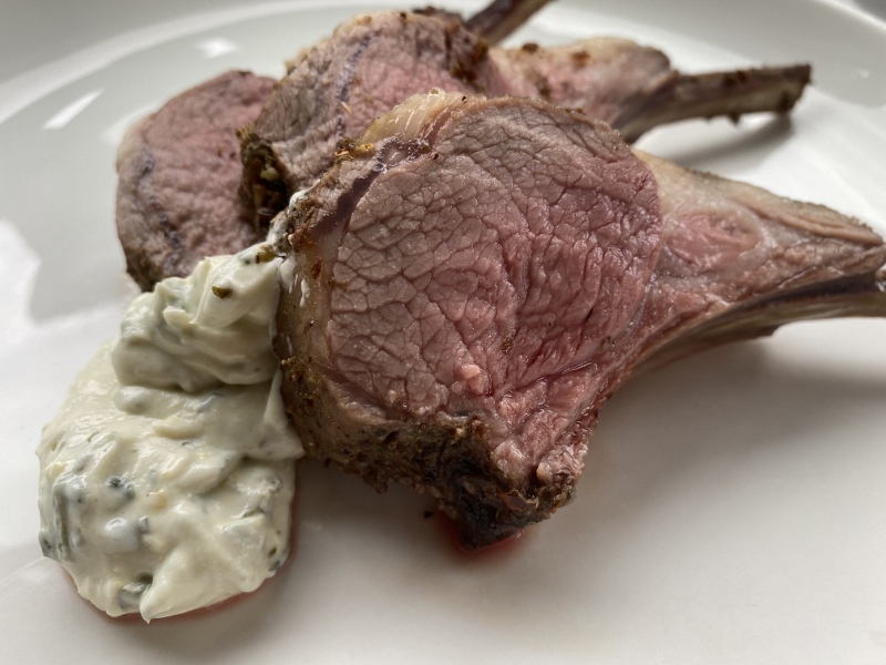 Roasted Rack of Lamb with Basil Honey Goat Cheese Sauce