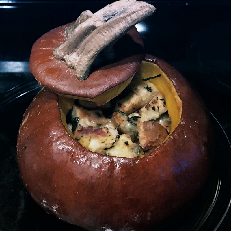 Gruyere, Bacon & Green Onion Roasted Stuffed Pumpkin