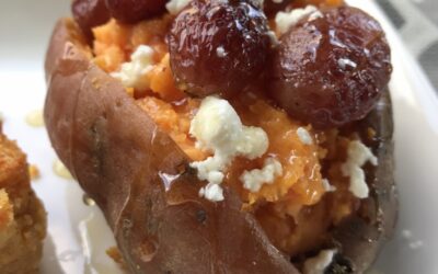 Roasted Grape, Goat Cheese and Honey Stuffed Sweet Potatoes