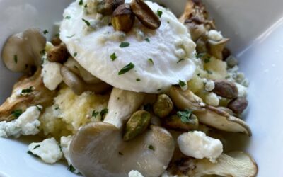 Poached Egg Over Creamy Polenta [with Oyster Mushrooms, Blue Cheese and Pistachios]