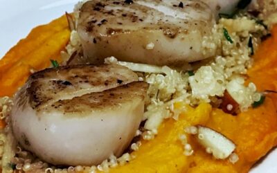Seared Scallops with Quinoa and Apple Salad + Butternut Squash Puree
