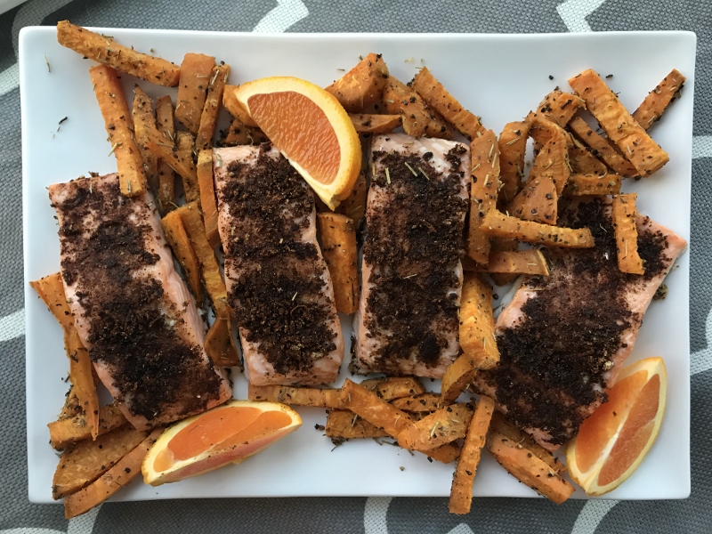 Grilled-Clementine Salmon with Herbed Sweet Potato Fries