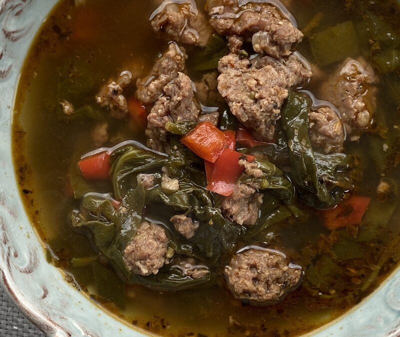 Keto Sausage Soup with Peppers and Spinach