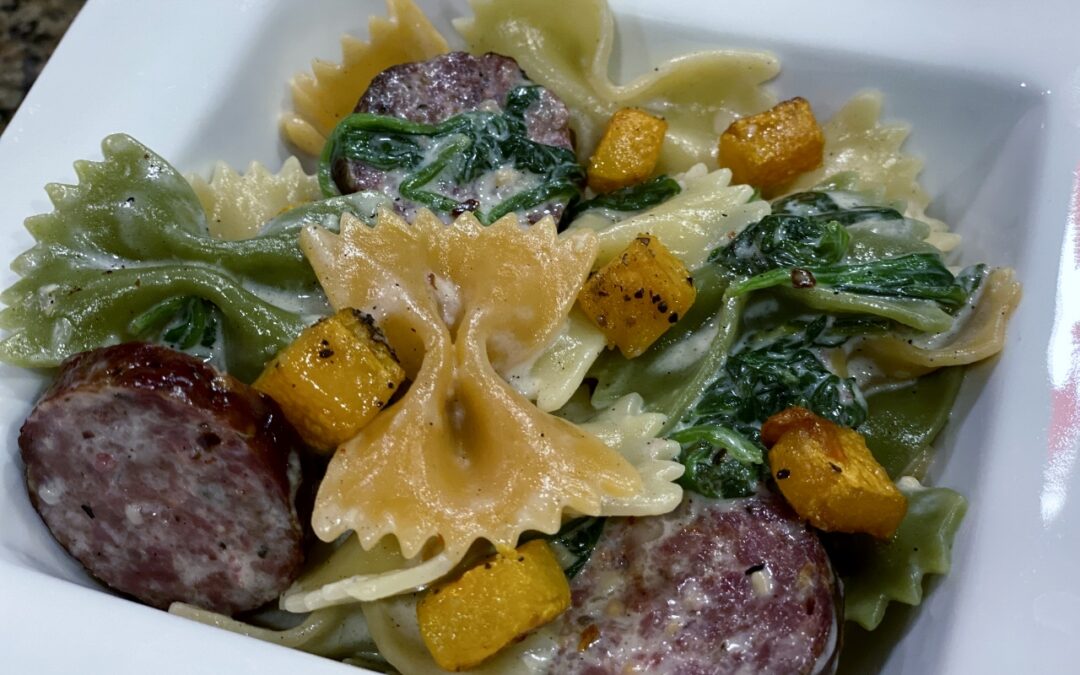 Creamy Roasted Butternut Squash Pasta with Sausage and Spinach