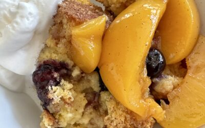Corn Bread Bread Pudding with Blueberries and a Peach Topping